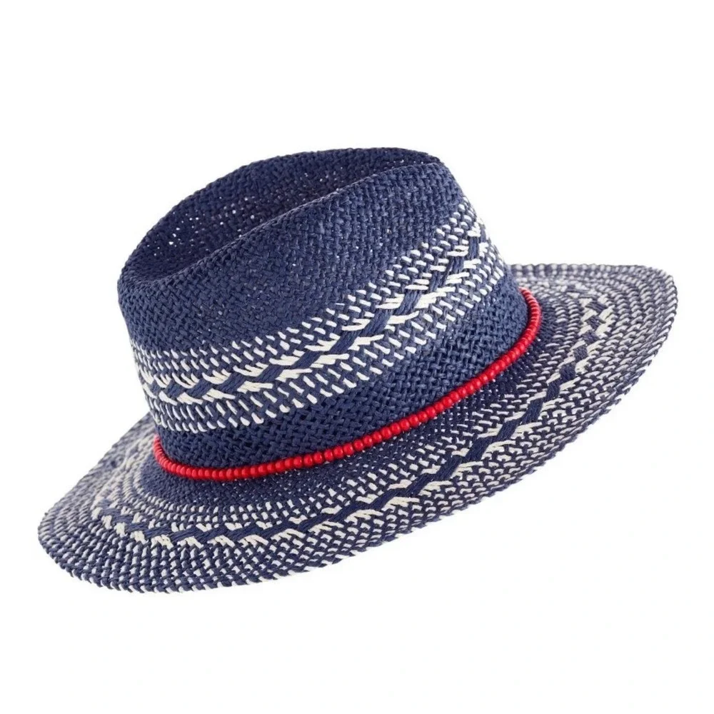 Shiraleah Navy Straw Fedora with White Pattern and Red Band